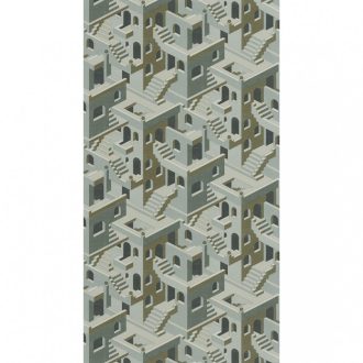   Casadeco Utopia 85117258  ILLUSION VERT/BLEU Grafikus 3D házak szoros halmaza világoskék zöld arany fehér tapéta