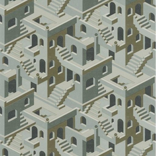 Casadeco Utopia 85117258  ILLUSION VERT/BLEU Grafikus 3D házak szoros halmaza világoskék zöld arany fehér tapéta