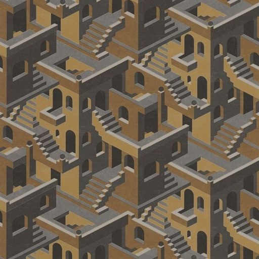 Casadeco Utopia 85119241  OCRE/NOIR Grafikus 3D házak szoros halmaza okkersárga szürke fekete arany tapéta