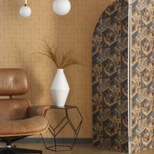 Casadeco Utopia 85119241  OCRE/NOIR Grafikus 3D házak szoros halmaza okkersárga szürke fekete arany tapéta