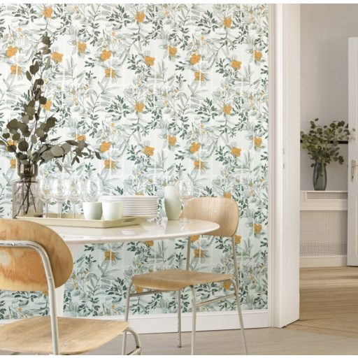 Casadeco Jardins Suspendus 85232241 CAMELIA Natur a Camelia üvegház pompás virágai krémszürke fehér zöld árnyalatok okkersárga tapéta