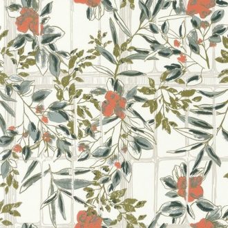   Casadeco Jardins Suspendus 85233115 CAMELIA Natur a Camelia üvegház pompás virágai krémfehér szürkésbézs zöld árnyalatok korallszín tapéta