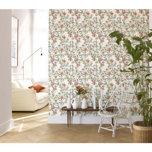 Casadeco Jardins Suspendus 85233115 CAMELIA Natur a Camelia üvegház pompás virágai krémfehér szürkésbézs zöld árnyalatok korallszín tapéta