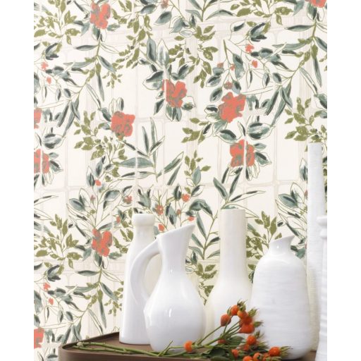 Casadeco Jardins Suspendus 85233115 CAMELIA Natur a Camelia üvegház pompás virágai krémfehér szürkésbézs zöld árnyalatok korallszín tapéta