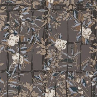   Casadeco Jardins Suspendus 85239262 CAMELIA Natur a Camelia üvegház pompás virágai barna sötétbarna kék árnyalatok rézszín krém tapéta
