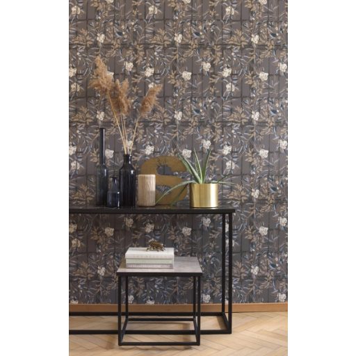 Casadeco Jardins Suspendus 85239262 CAMELIA Natur a Camelia üvegház pompás virágai barna sötétbarna kék árnyalatok rézszín krém tapéta