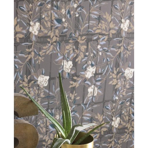 Casadeco Jardins Suspendus 85239262 CAMELIA Natur a Camelia üvegház pompás virágai barna sötétbarna kék árnyalatok rézszín krém tapéta