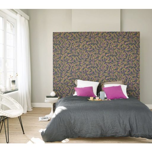 Casadeco Jardins Suspendus 85242565 TAMARIS Natur Sziluett levélmintázat barna antracit fuchsia tapéta