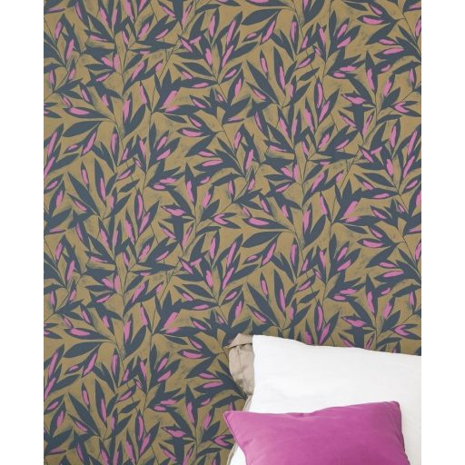 Casadeco Jardins Suspendus 85242565 TAMARIS Natur Sziluett levélmintázat barna antracit fuchsia tapéta