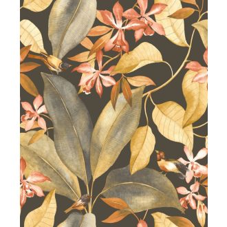   Casadeco Delicacy 85382347 BIRDSONG Natur Énekesmadarak egzotikus leveleken antracit sárga korallpiros narancs tapéta