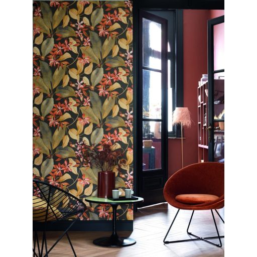 Casadeco Delicacy 85382347 BIRDSONG Natur Énekesmadarak egzotikus leveleken antracit sárga korallpiros narancs tapéta