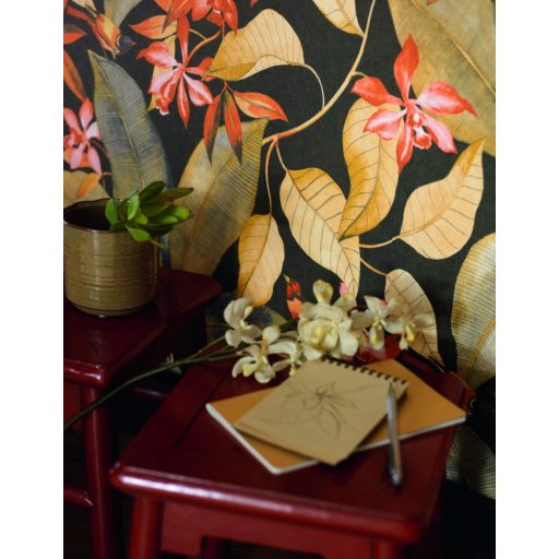 Casadeco Delicacy 85382347 BIRDSONG Natur Énekesmadarak egzotikus leveleken antracit sárga korallpiros narancs tapéta