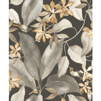   Casadeco Delicacy 85382414 BIRDSONG Natur Énekesmadarak egzotikus leveleken antracit szürkésbézs fehér barna tapéta