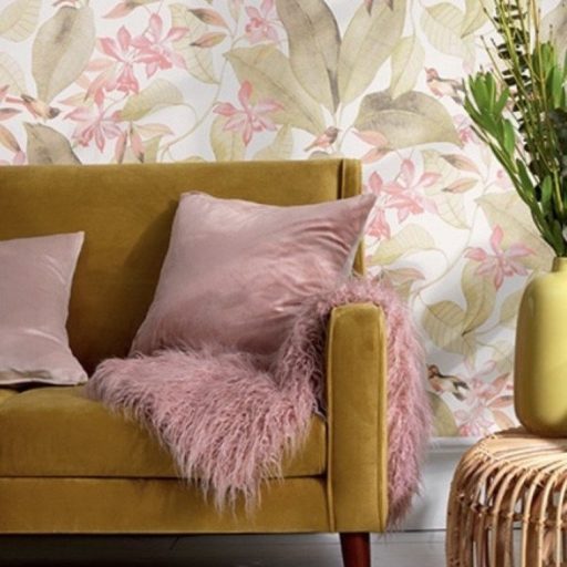 Casadeco Delicacy 85387103 BIRDSONG Natur Énekesmadarak egzotikus leveleken fehér rózsaszín zöldes sárga tapéta