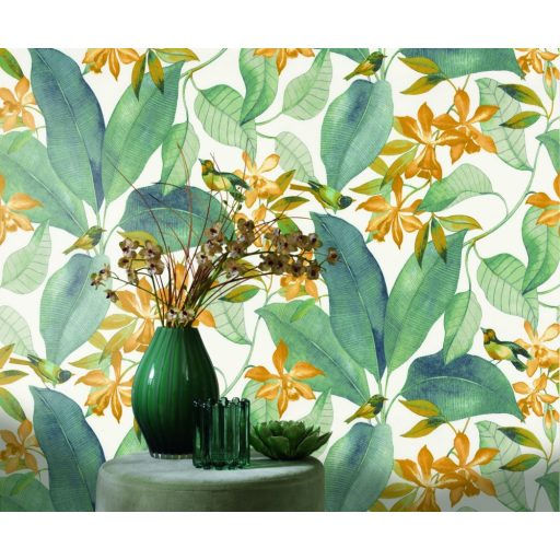 Casadeco Delicacy 85387171 BIRDSONG Natur Énekesmadarak egzotikus leveleken fehér zöld sárga tapéta