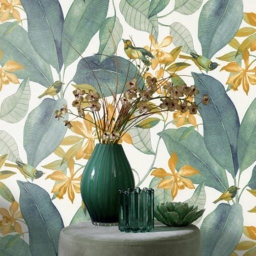 Casadeco Delicacy 85387171 BIRDSONG Natur Énekesmadarak egzotikus leveleken fehér zöld sárga tapéta