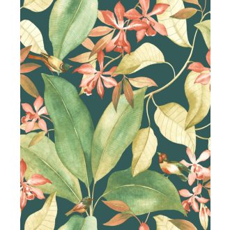   Casadeco Delicacy 85387289 BIRDSONG Natur Énekesmadarak egzotikus leveleken sötét zöldeskék rózsaszín korallpiros zöld sárga tapéta