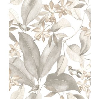   Casadeco Delicacy 85389242 BIRDSONG Natur Énekesmadarak egzotikus leveleken fehér szürke szürkésbézs barna tapéta
