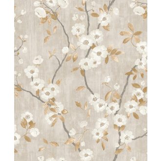   Casadeco Delicacy 85392327 SPRING FLOWER Natur almavirág karcsú leveles ágakon szürkésbézs fehér aranybarna sötétszürke tapéta