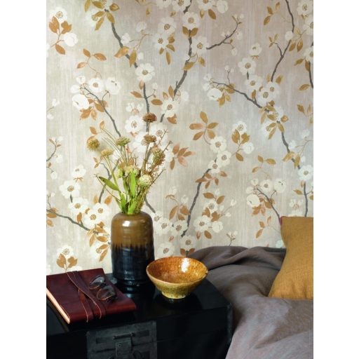 Casadeco Delicacy 85392327 SPRING FLOWER Natur almavirág karcsú leveles ágakon szürkésbézs fehér aranybarna sötétszürke tapéta