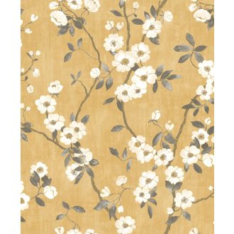   Casadeco Delicacy 85392403 SPRING FLOWER Natur almavirág karcsú leveles ágakon sárga krémfehér barna sötétszürke tapéta