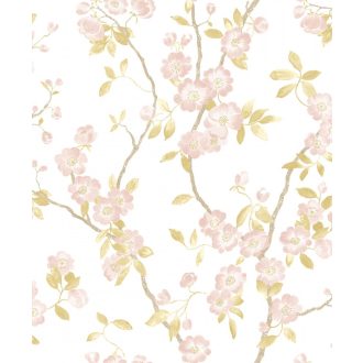   Casadeco Delicacy 85394346 SPRING FLOWER Natur almavirág karcsú leveles ágakon fehér rózsaszín bézs szürkésbézs tapéta