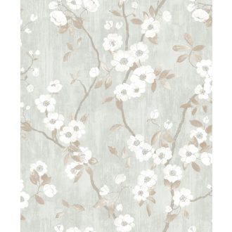   Casadeco Delicacy 85396208 SPRING FLOWER Natur almavirág karcsú leveles ágakon világoskék fehér barna szürkésbarna tapéta