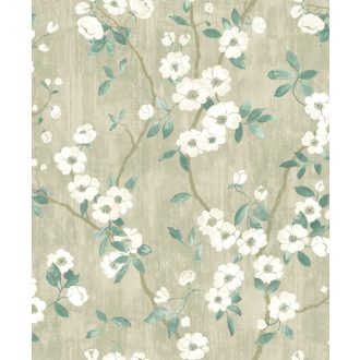   Casadeco Delicacy 85397298 SPRING FLOWER Natur almavirág karcsú leveles ágakon halványzöld fehér sárga zöld tapéta