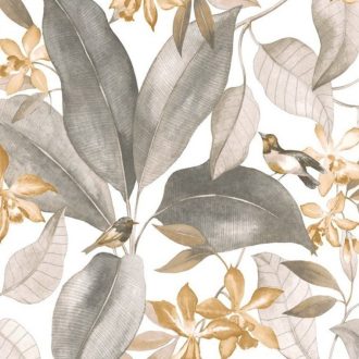   Casadeco Delicacy 85441454 TISSU BIRDSONG Natur Énekesmadarak egzotikus leveleken fehér szürke szürkésbézs textil/dekoranyag