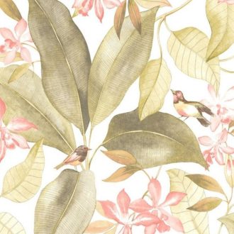   Casadeco Delicacy 85447353 TISSU BIRDSONG Natur Énekesmadarak egzotikus leveleken fehér rózsaszín sárgászöld textil/dekoranyag