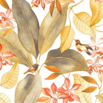   Casadeco Delicacy 85449555 TISSU BIRDSONG Natur Énekesmadarak egzotikus leveleken fehér sárga korall/narancs sötétszürke textil/dekoranyag