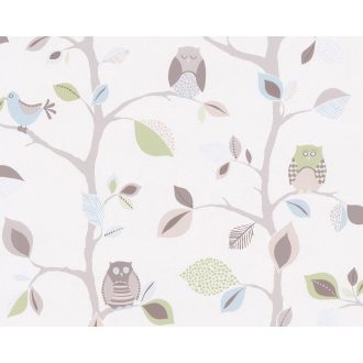   Játékos varázslat - baglyos és madaras erdőmintázat fehér és pasztell színek - barna szürke kék és zöld tónus tapéta