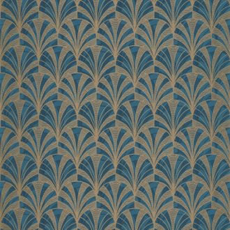   Casadeco 1930, 85736313 PALMETTE Art Deco design kis pálmákból ofszet hatás kék sötétkék arany fénylő mintarajzolat tapéta