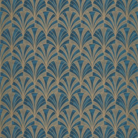 Casadeco 1930, 85736313 PALMETTE Art Deco design kis pálmákból ofszet hatás kék sötétkék arany fénylő mintarajzolat tapéta