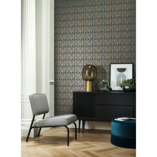 Casadeco 1930, 85736313 PALMETTE Art Deco design kis pálmákból ofszet hatás kék sötétkék arany fénylő mintarajzolat tapéta