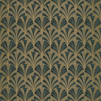   Casadeco 1930, 85737528 PALMETTE Art Deco design kis pálmákból ofszet hatás zöld sötétzöld arany fénylő mintarajzolat tapéta