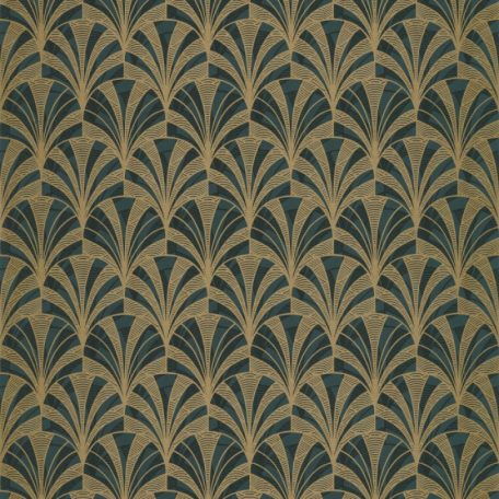 Casadeco 1930, 85737528 PALMETTE Art Deco design kis pálmákból ofszet hatás zöld sötétzöld arany fénylő mintarajzolat tapéta