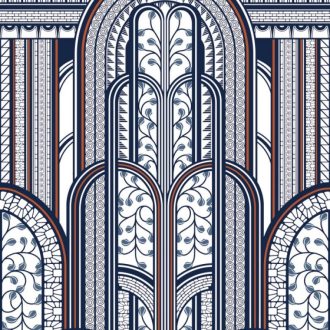   Casadeco 1930, 85876543 PARAVENT Art Deco Fényűző panorámapanel görbékkel és növényi motívumokkal ezüstszürke kék szines falpanel
