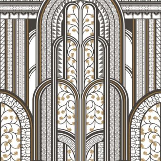   Casadeco 1930, 85879242  PARAVENT Art Deco Fényűző panorámapanel görbékkel és növényi motívumokkal fehér fekete arany falpanel