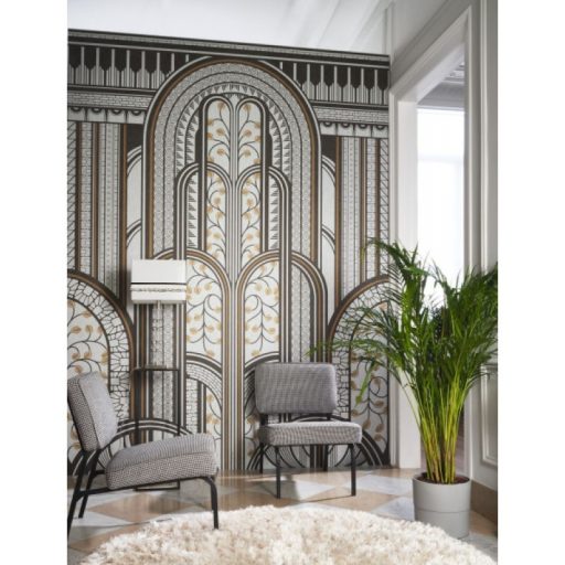 Casadeco 1930, 85879242  PARAVENT Art Deco Fényűző panorámapanel görbékkel és növényi motívumokkal fehér fekete arany falpanel