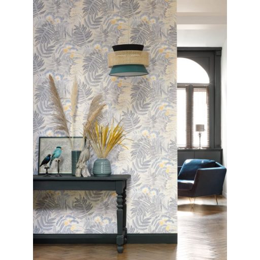 Casadeco Botanica 85891423 ALBIZIA Botanikus finom trópusi nönénymnta selyemakác bézs meleg szürke kék sárga fémes kiemelések tapéta