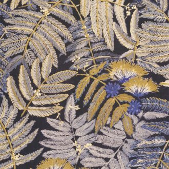   Casadeco Botanica 85892175 ALBIZIA Botanikus finom trópusi nönénymnta selyemakác antracit ibolyakék bézs currysárga fémes kiemelések tapéta