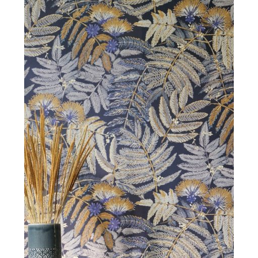 Casadeco Botanica 85892175 ALBIZIA Botanikus finom trópusi nönénymnta selyemakác antracit ibolyakék bézs currysárga fémes kiemelések tapéta
