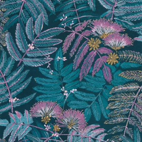 Casadeco Botanica 85896164 ALBIZIA Botanikus finom trópusi nönénymnta selyemakác antracit kék türkiz lila currysárga fémes kiemelések tapéta