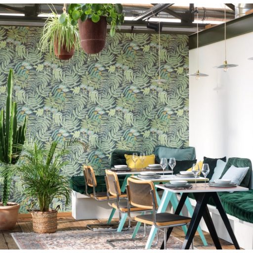 Casadeco Botanica 85897247 ALBIZIA Botanikus finom trópusi nönénymnta selyemakác antracit zöld mentazöld kék sárga fémes kiemelések tapéta