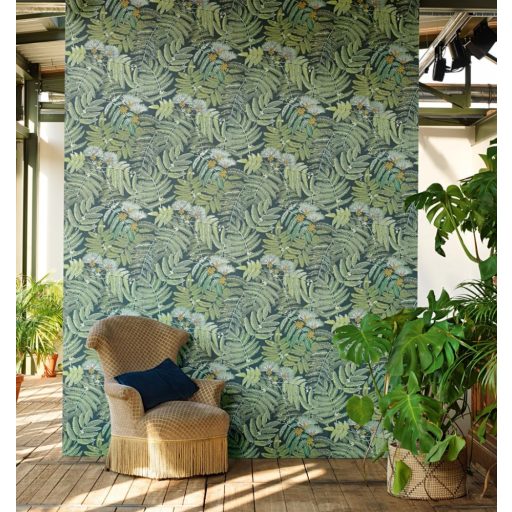 Casadeco Botanica 85897247 ALBIZIA Botanikus finom trópusi nönénymnta selyemakác antracit zöld mentazöld kék sárga fémes kiemelések tapéta