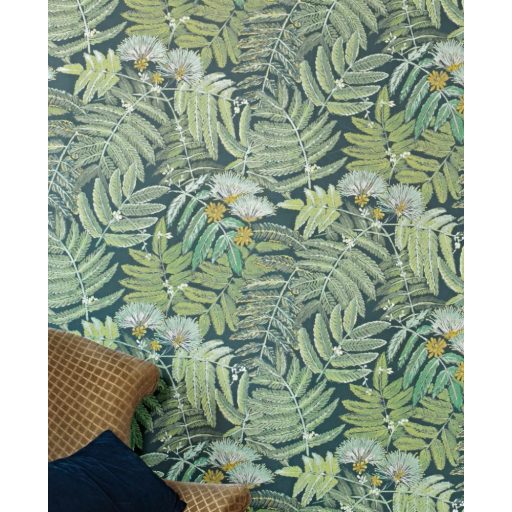 Casadeco Botanica 85897247 ALBIZIA Botanikus finom trópusi nönénymnta selyemakác antracit zöld mentazöld kék sárga fémes kiemelések tapéta