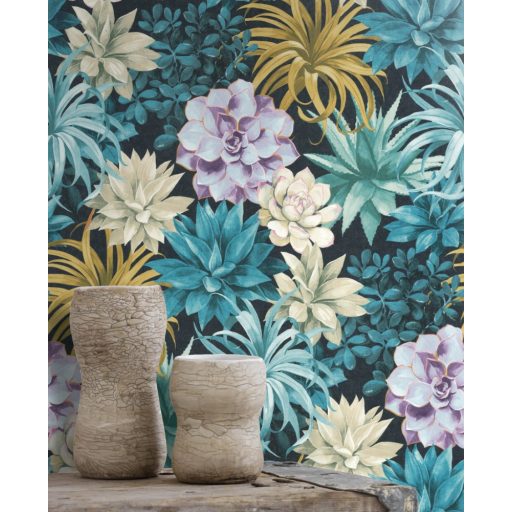 Casadeco Botanica 85916585 ECHEVERIA Botanikus pozsgás növények aloe vera és crassula antracit kék türkiz lila sárga zöld tapéta