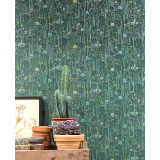 Casadeco Botanica 85927429 CACTACEAE Botanikus kaktuszültetvény zöld árnyalatok kékeszöld ezüstfehér fémes kiemelések tapéta