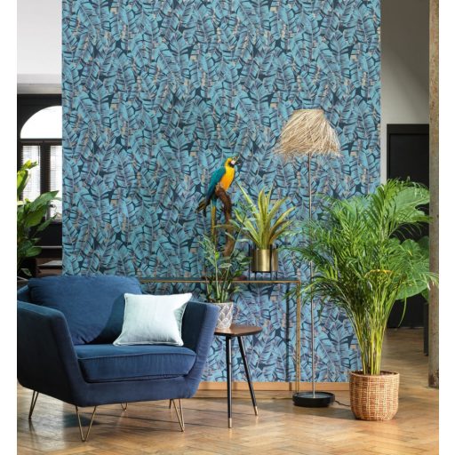 Casadeco Botanica 85946192 FOLIUM Botanikus nagyformátumú levelek antracit türkizkék kék arany csillogó kiemelések tapéta